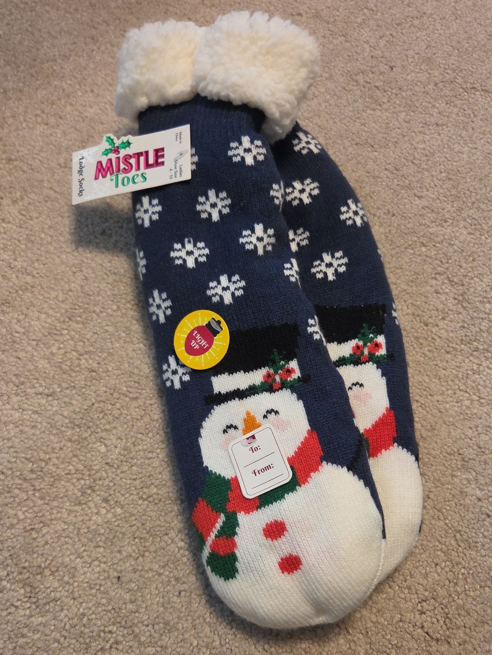 Mistle Toes Navy Snowman Cozy Fleece-Lined Light Up Slipper Lodge Socks - NWT